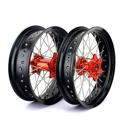 3.50x17&quot; 4.25x17&quot; Supermoto Alloy Wheels for SX SXF EXC 125-530 Black Rims and Orange Hubs