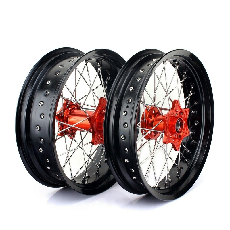 3.50x17&quot; 4.25x17&quot; Supermoto Alloy Wheels for SX SXF EXC 125-530 Black Rims and Orange Hubs